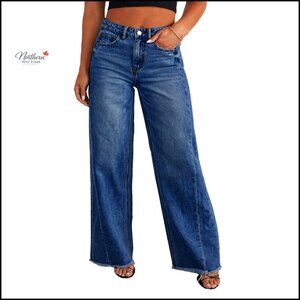 Plus Size Wide Leg Jeans Elastic High Waist Stretchy Raw Hem Denim Pants
